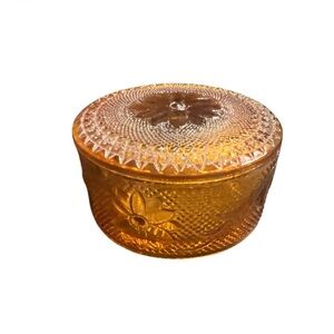 Vintage Tiara Amber "Sandwich" Glass Round Trinket Box with a lid.